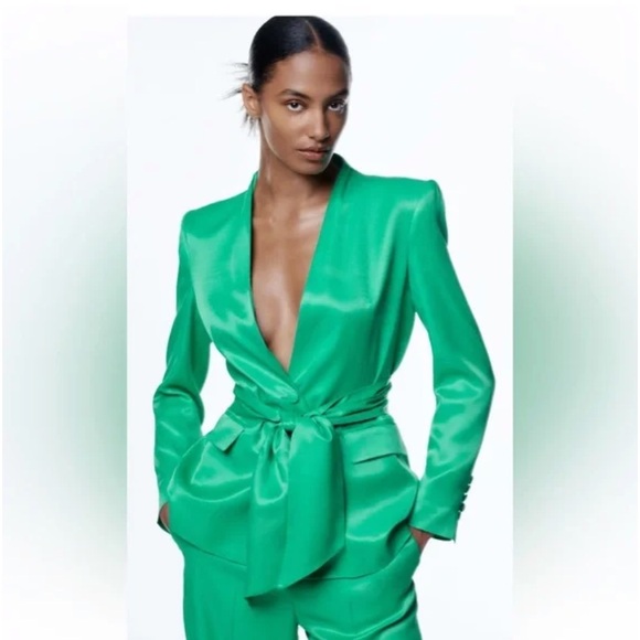 Zara Jackets & Blazers - Zara green belted satin effect bkazer classic fit
